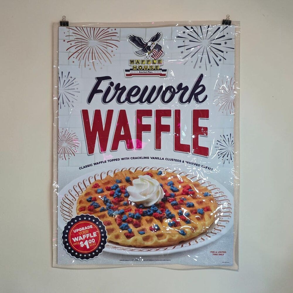 Waffle House Firework Waffle Window Cling Sign 2026 4th of July Promo 35x47in